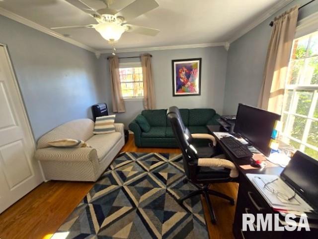 office space featuring ceiling fan, wood-type flooring, and crown molding