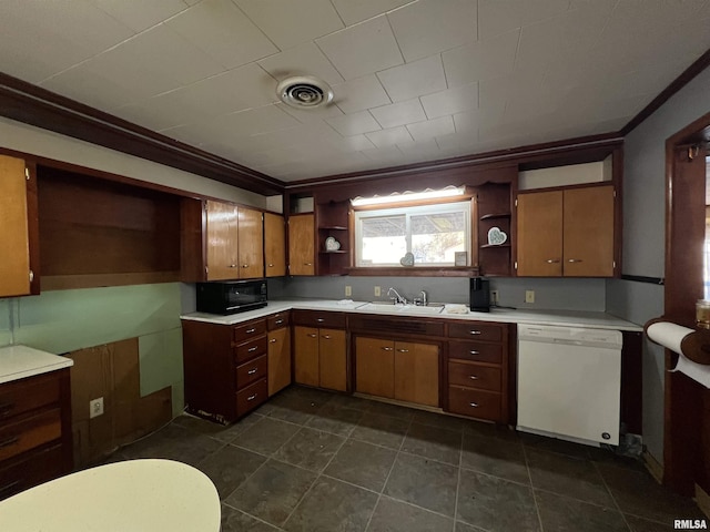 202 S Elm St, Cambria, IL 62915 - kitchen featuring white dishwasher, open shelves, black microwave, a sink, and ornamental molding