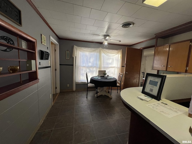 202 S Elm St, Cambria, IL 62915 - kitchen with crown molding, a ceiling fan, and dark tile patterned flooring
