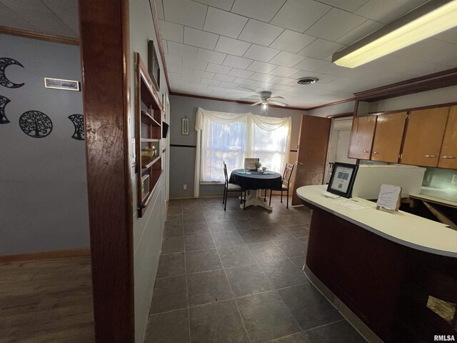 202 S Elm St, Cambria, IL 62915 - kitchen with ornamental molding, baseboards, light countertops, a ceiling fan, and dark tile patterned flooring
