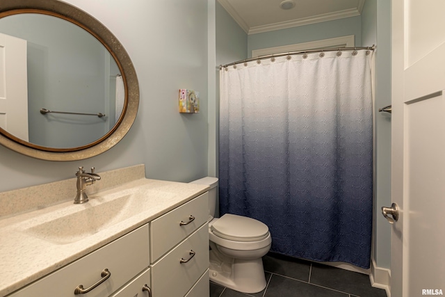 bathroom with tile patterned flooring, vanity, toilet, and crown molding