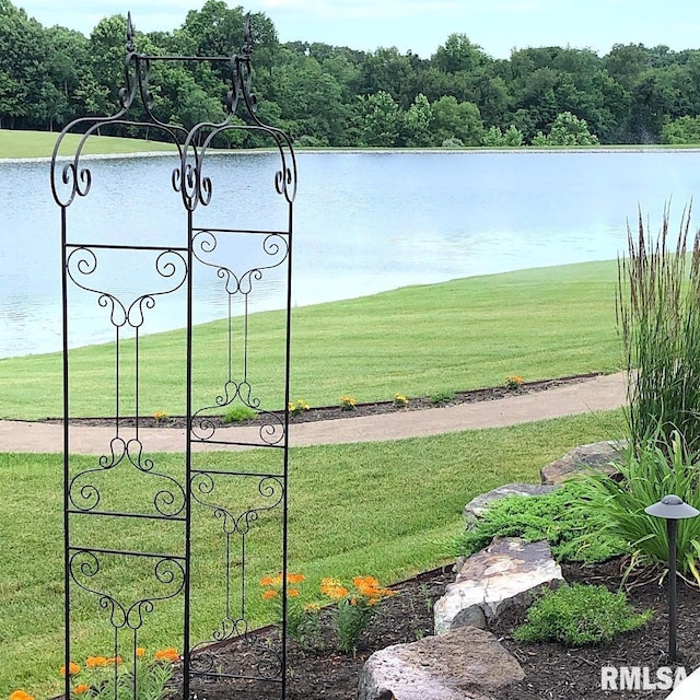 view of community featuring a lawn and a water view