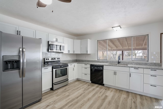 kitchen with a sink, white cabinets, light wood finished floors, appliances with stainless steel finishes, and tasteful backsplash