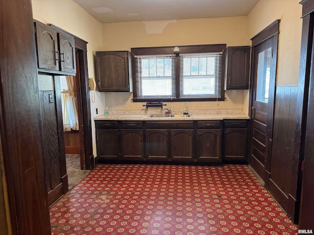 kitchen featuring backsplash, dark brown cabinetry, and sink