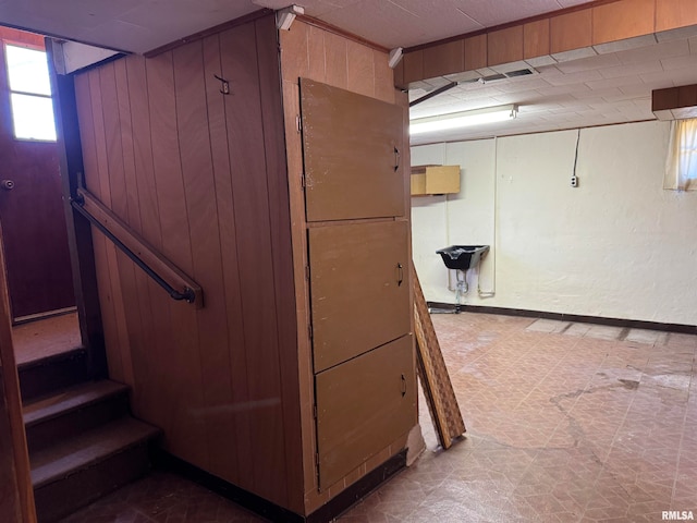 basement with wooden walls