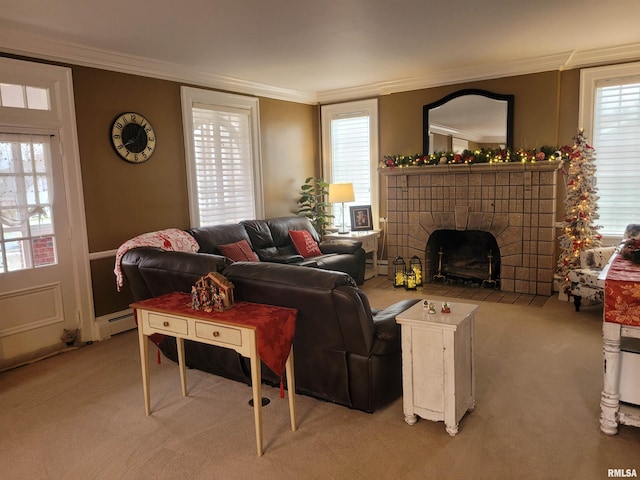 living room featuring light colored carpet, baseboard heating, crown molding, and a brick fireplace