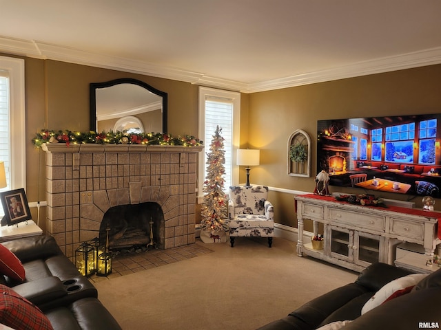 carpeted living room with crown molding