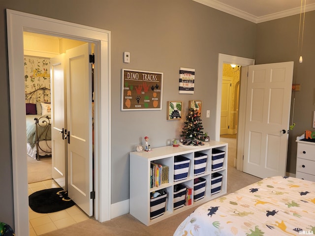 carpeted bedroom with ornamental molding