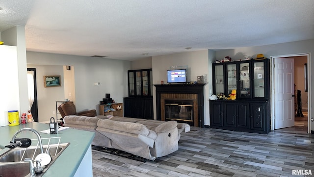 living room with a fireplace, wood-type flooring, a textured ceiling, and sink