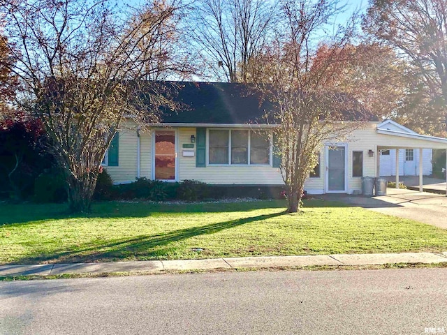 single story home featuring a carport and a front lawn