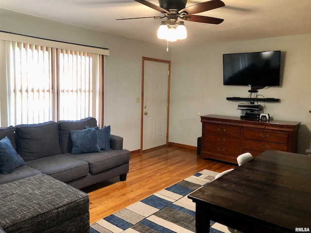 living room with ceiling fan and light hardwood / wood-style floors