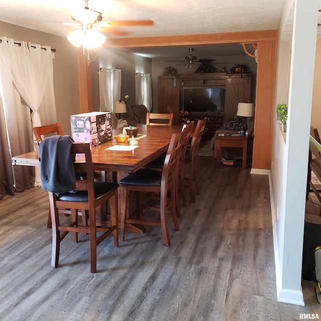 dining room with hardwood / wood-style floors and ceiling fan