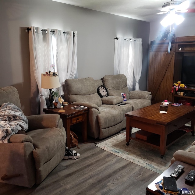 living room with hardwood / wood-style floors, ceiling fan, and a barn door