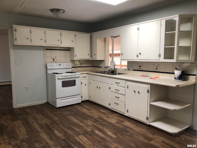 kitchen featuring sink, white electric range, dark hardwood / wood-style floors, backsplash, and white cabinets