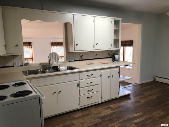 kitchen featuring decorative backsplash, sink, white cabinetry, dark hardwood / wood-style floors, and white range with electric cooktop