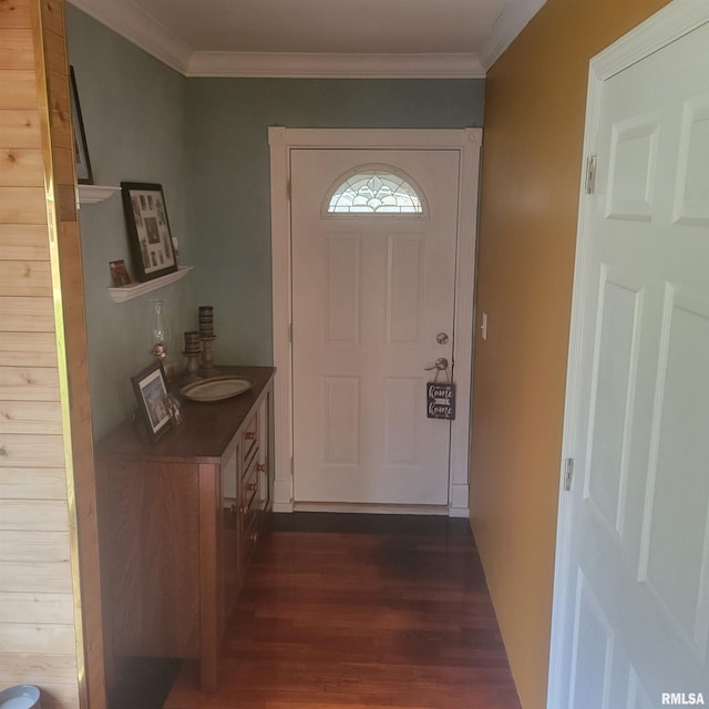 entryway featuring dark hardwood / wood-style flooring, ornamental molding, and sink