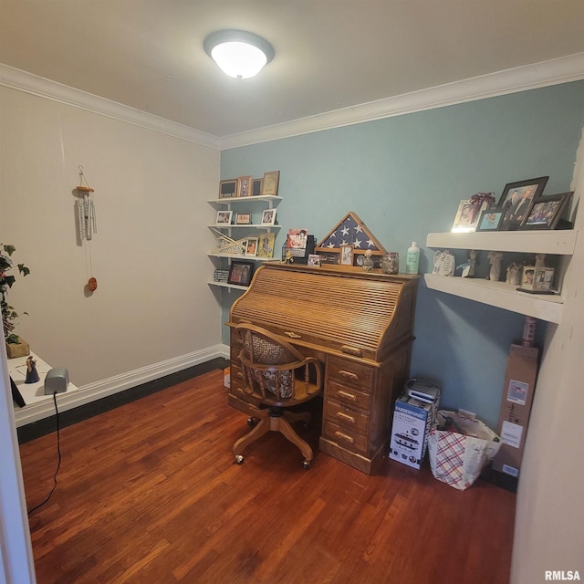 home office with dark hardwood / wood-style floors and crown molding