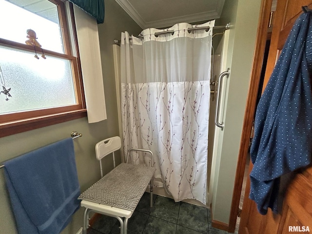 bathroom featuring tile patterned floors, curtained shower, and crown molding