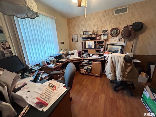 office area with hardwood / wood-style flooring