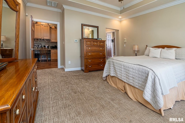 carpeted bedroom featuring ornamental molding