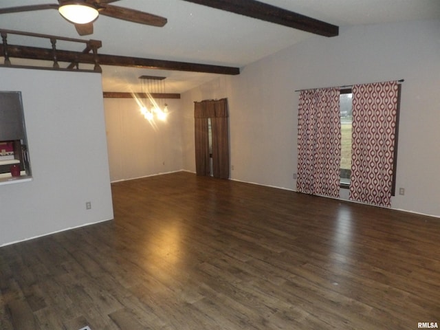 spare room featuring vaulted ceiling with beams, ceiling fan, and dark hardwood / wood-style floors