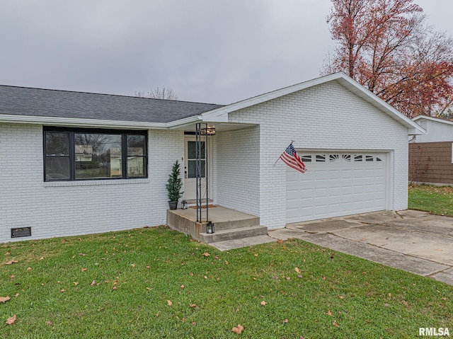 single story home featuring a front yard and a garage