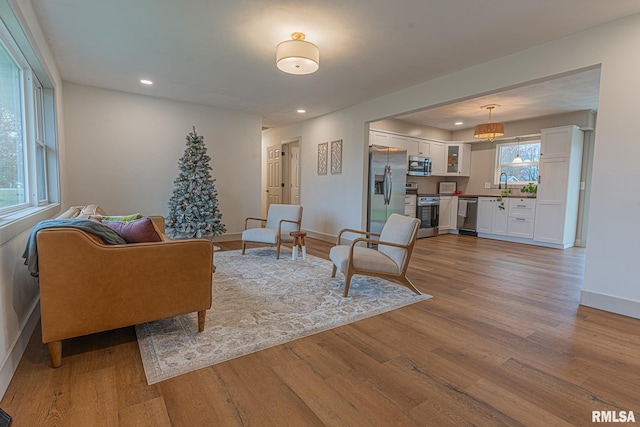 living room with sink and light hardwood / wood-style floors