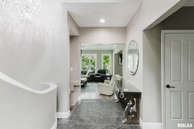 12225 Pebble Point Rd, Marion, IL 62959 - hall featuring marble finish flooring, baseboards, recessed lighting, and a chandelier