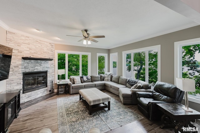 12225 Pebble Point Rd, Marion, IL 62959 - living room featuring healthy amount of natural light, a stone fireplace, ceiling fan, and crown molding
