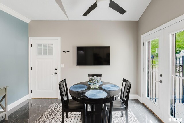 12225 Pebble Point Rd, Marion, IL 62959 - dining space with baseboards, marble tiled flooring, a ceiling fan, and french doors