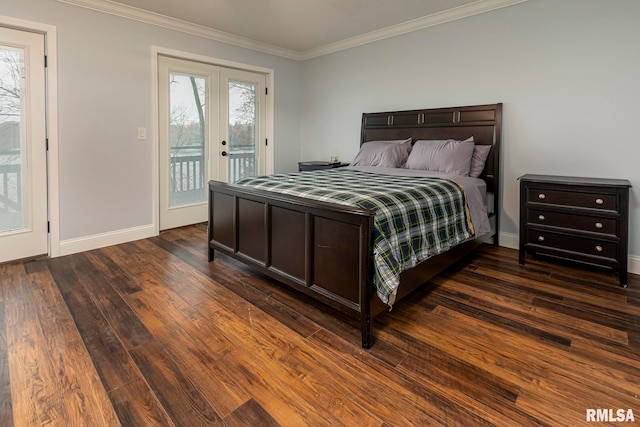 bedroom with dark hardwood / wood-style flooring, access to outside, multiple windows, and crown molding