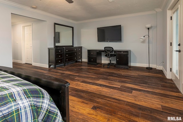 bedroom featuring ceiling fan, crown molding, and dark wood-type flooring