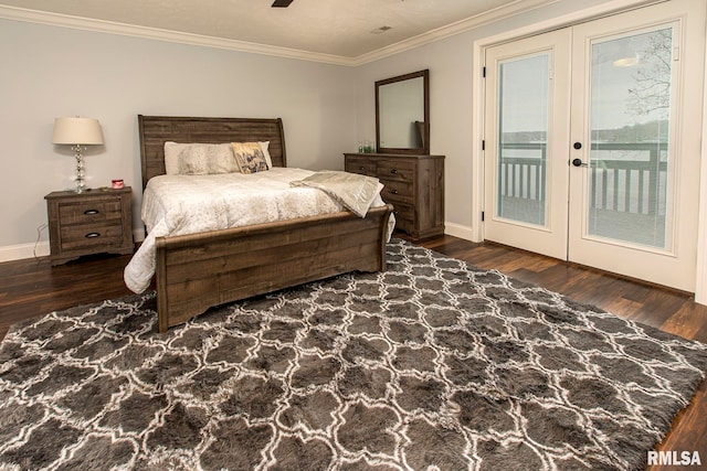 bedroom featuring access to exterior, french doors, ceiling fan, crown molding, and dark wood-type flooring