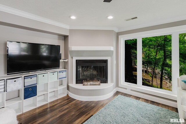 12225 Pebble Point Rd, Marion, IL 62959 - living room featuring ornamental molding, wood finished floors, recessed lighting, and a glass covered fireplace
