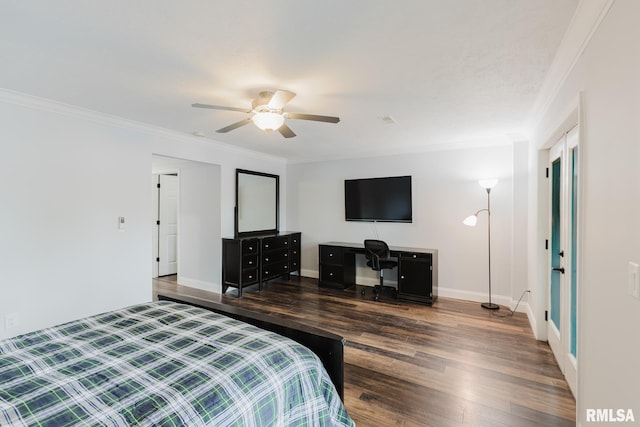 12225 Pebble Point Rd, Marion, IL 62959 - bedroom with wood finished floors, ornamental molding, baseboards, ceiling fan, and an office area
