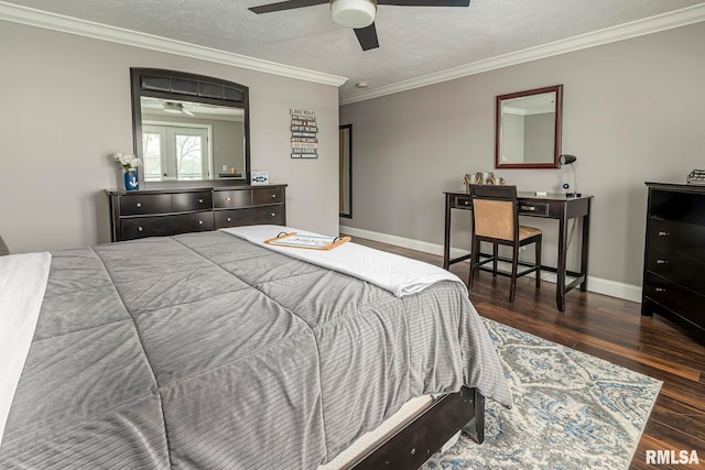 bedroom with a textured ceiling, ceiling fan, crown molding, and dark hardwood / wood-style floors