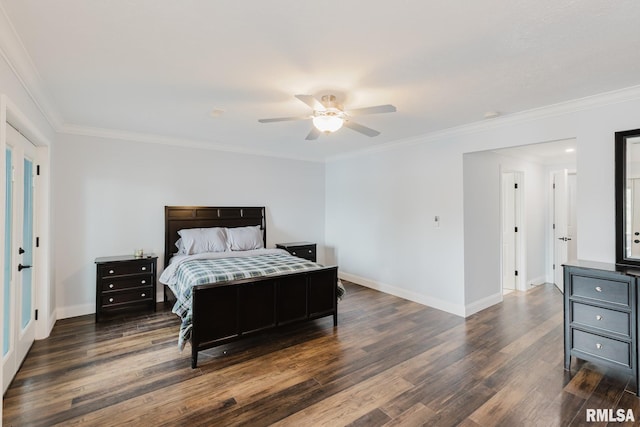 12225 Pebble Point Rd, Marion, IL 62959 - bedroom with dark wood-type flooring, baseboards, crown molding, and a ceiling fan