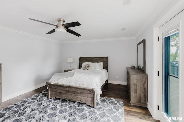 12225 Pebble Point Rd, Marion, IL 62959 - bedroom featuring wood finished floors, ornamental molding, a ceiling fan, baseboards, and access to outside