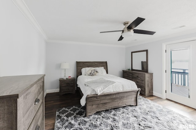 12225 Pebble Point Rd, Marion, IL 62959 - bedroom with wood finished floors, baseboards, ornamental molding, access to exterior, and a ceiling fan