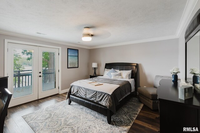 12225 Pebble Point Rd, Marion, IL 62959 - bedroom with french doors, access to exterior, crown molding, wood finished floors, and a textured ceiling