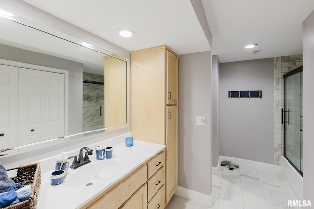 12225 Pebble Point Rd, Marion, IL 62959 - bathroom with baseboards, vanity, marble finish flooring, recessed lighting, and combined bath / shower with glass door