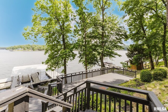 12225 Pebble Point Rd, Marion, IL 62959 - wooden terrace featuring a water view, a boat dock, and stairs