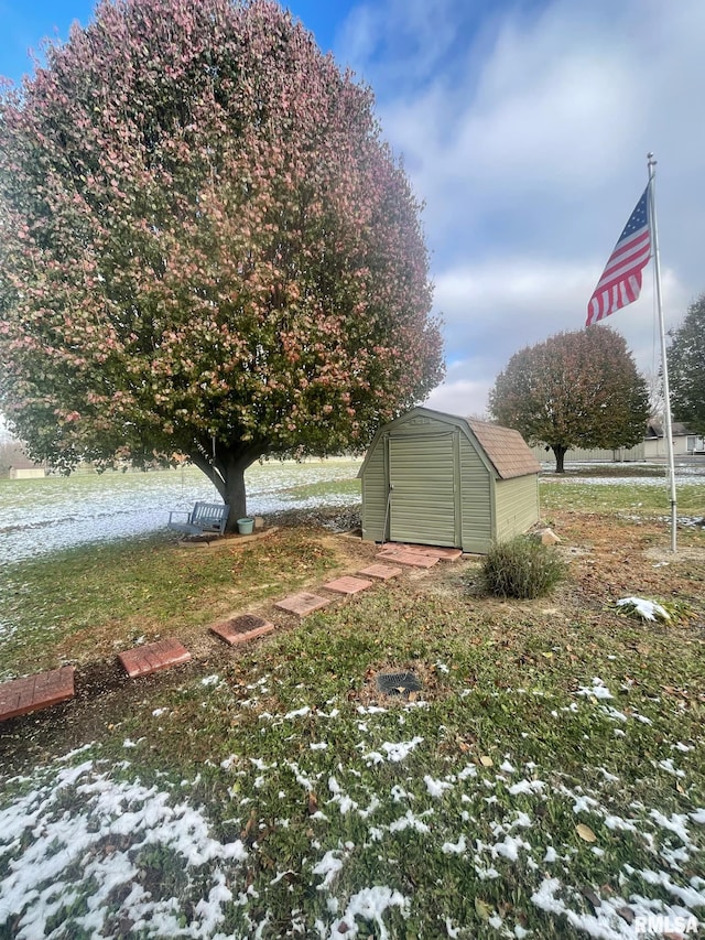 view of yard with a shed