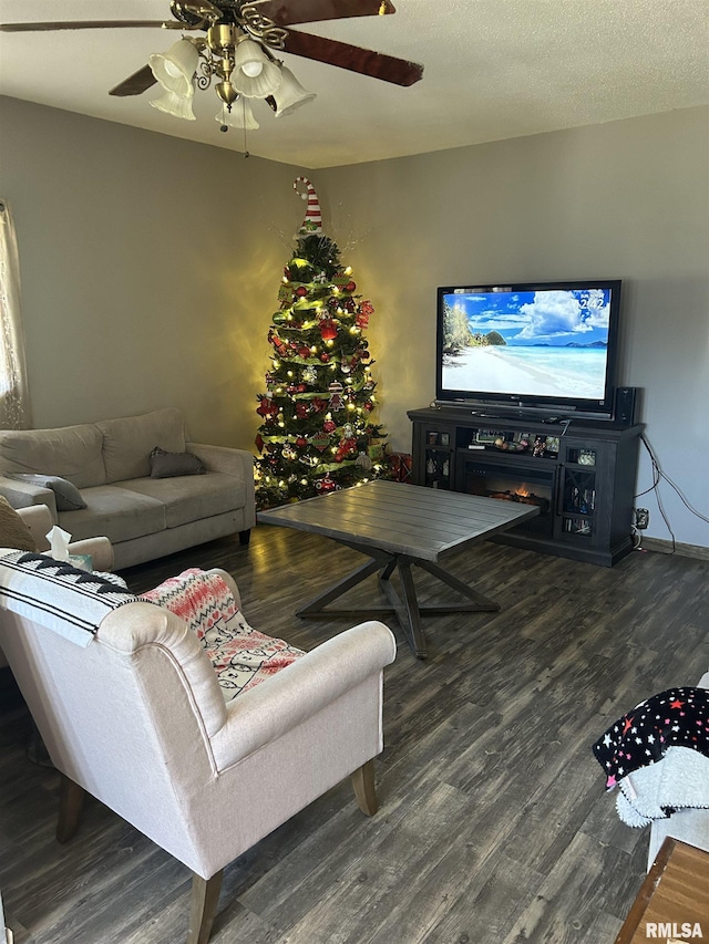 living room with a textured ceiling and dark wood-type flooring