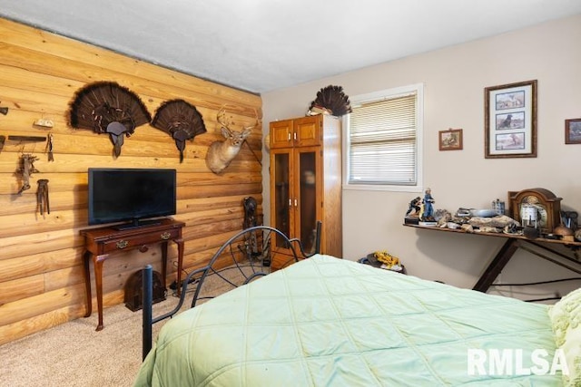 carpeted bedroom featuring log walls