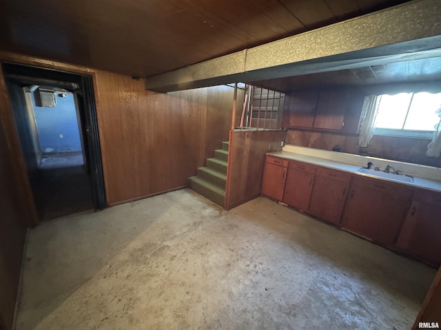 basement with sink and wooden walls