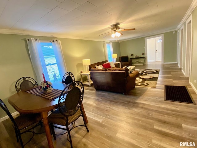 dining area with light hardwood / wood-style flooring, ceiling fan, and ornamental molding