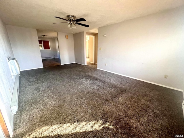 carpeted empty room featuring ceiling fan, a baseboard radiator, and a textured ceiling