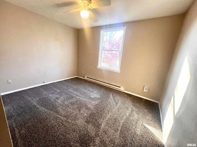 carpeted spare room featuring ceiling fan and a baseboard radiator