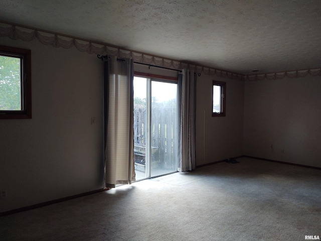 carpeted empty room featuring a textured ceiling and a healthy amount of sunlight